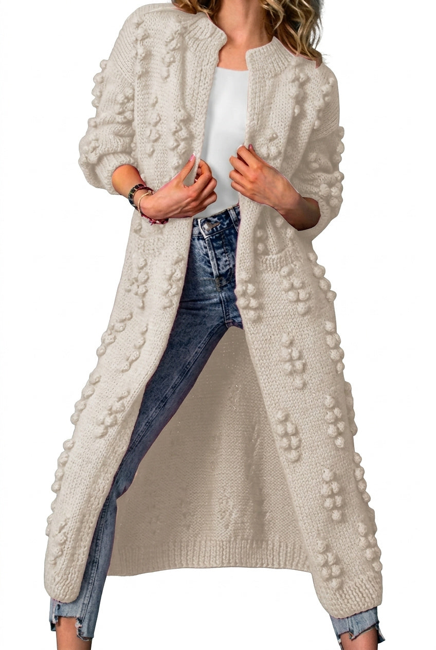 Lång stickad kofta med pom-poms för dam-Cardigan for women-Fjallbarn