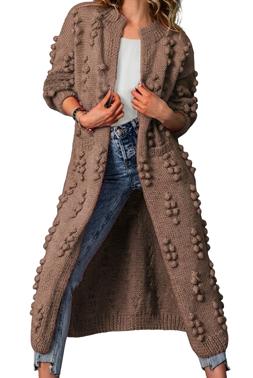 Lång stickad kofta med pom-poms för dam-Cardigan for women-Fjallbarn