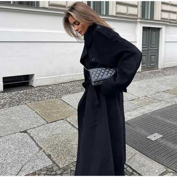 Lång trenchcoat för dam med bältade ärmslut-Coats for women-Fjallbarn