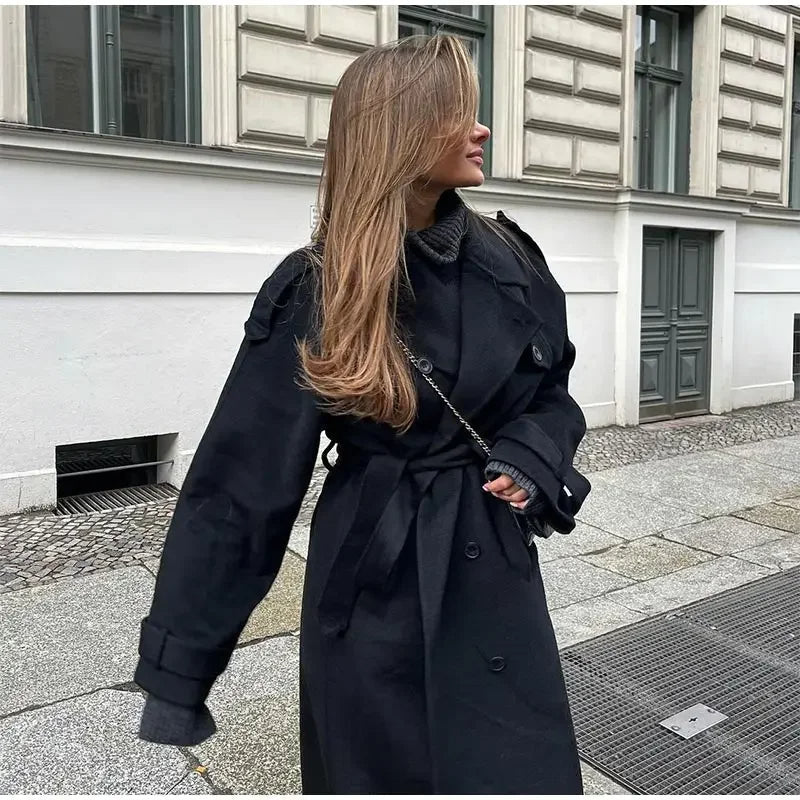 Lång trenchcoat för dam med bältade ärmslut-Coats for women-Fjallbarn