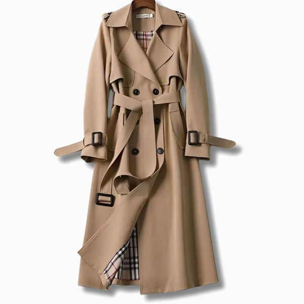 Lång trenchcoat för dam med bälte och rutigt foder-Coats for women-Fjallbarn