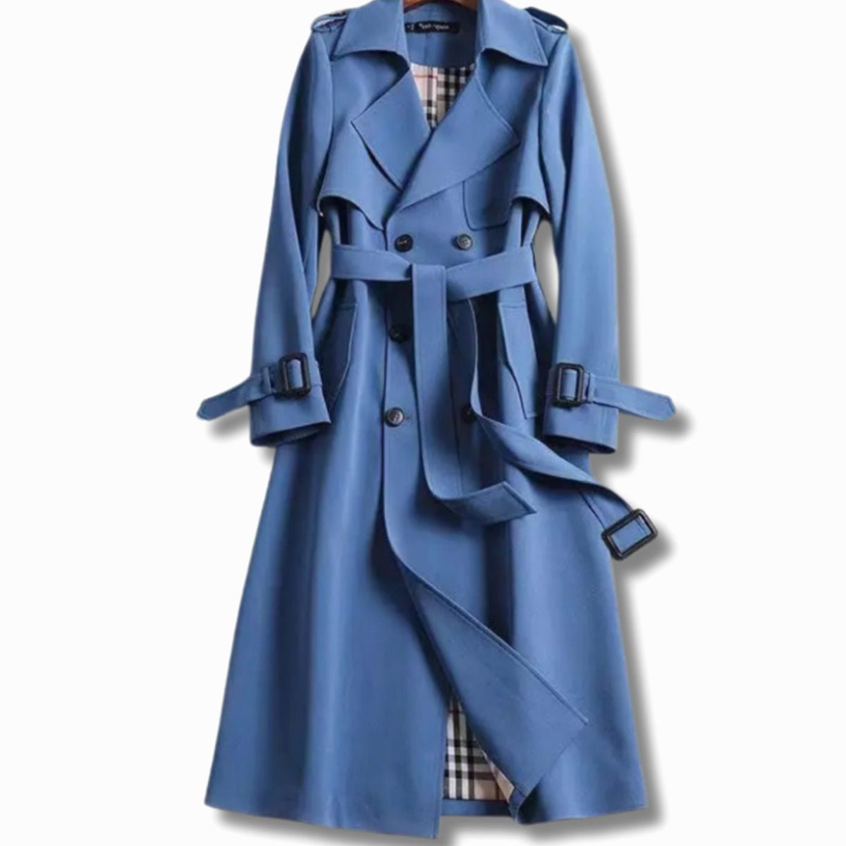 Lång trenchcoat för dam med bälte och rutigt foder-Coats for women-Fjallbarn