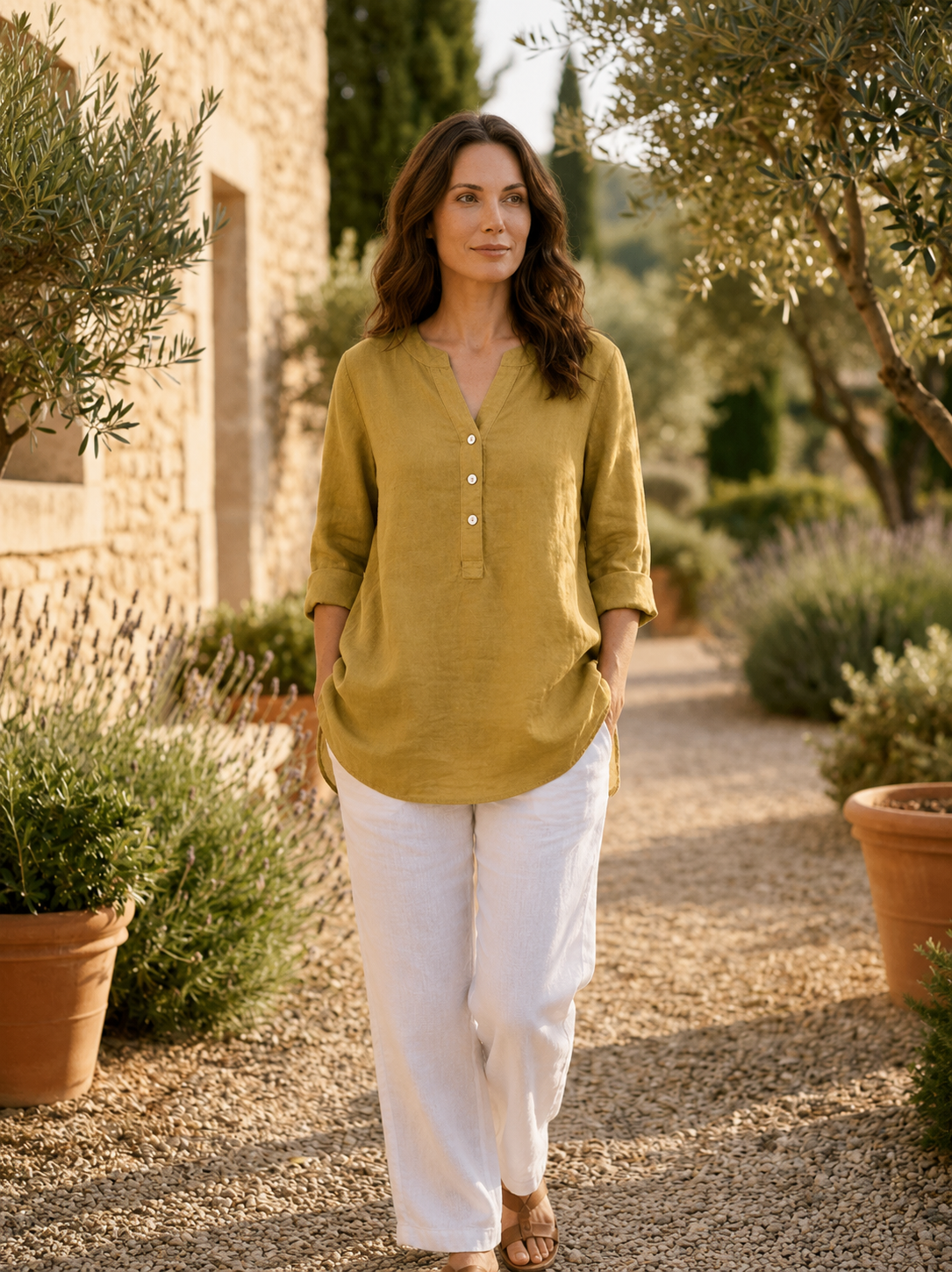 Lång tunika med knappslå för dam-Women's Tops-Fjallbarn