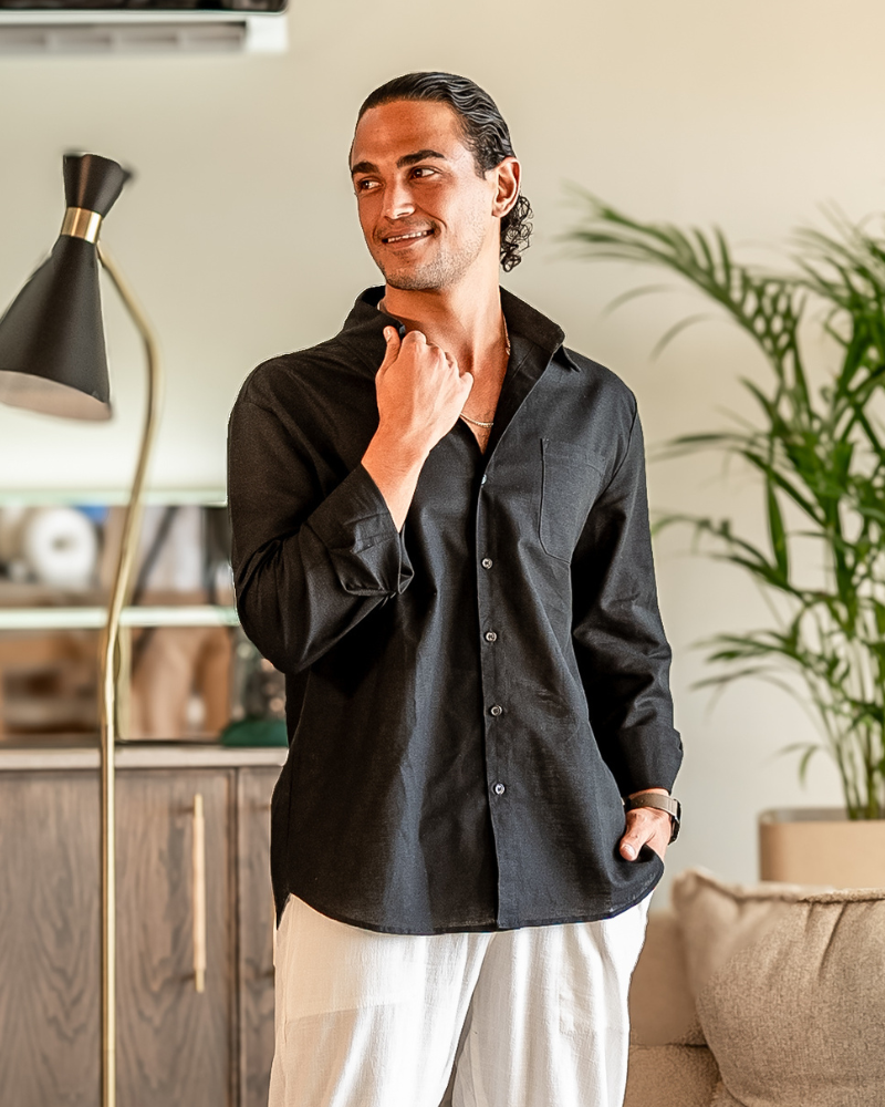 Långärmad linneskjorta för herr med ficka-Shirts for men-Fjallbarn