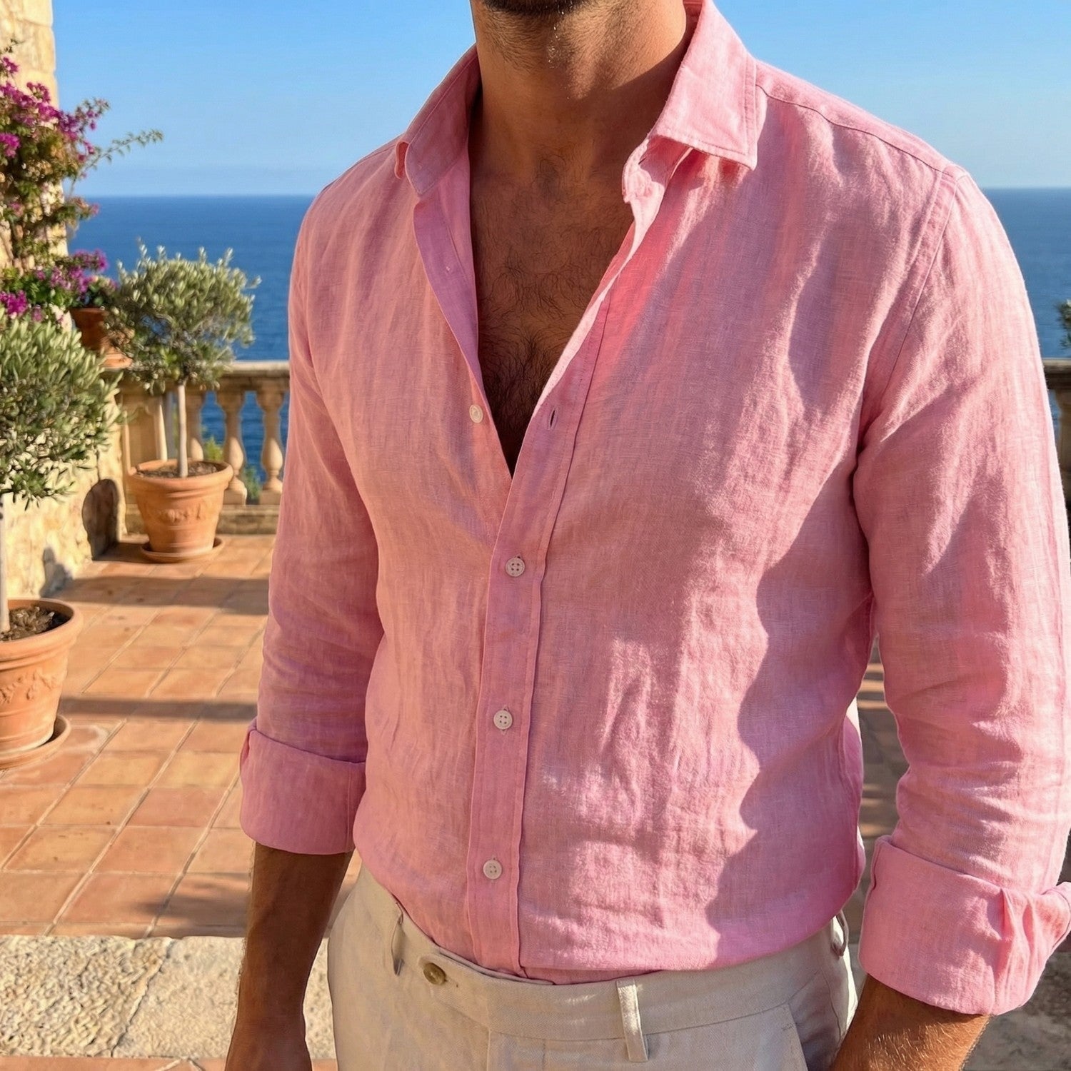 Långärmad linneskjorta med knappar för herrar-Shirts for men-Fjallbarn