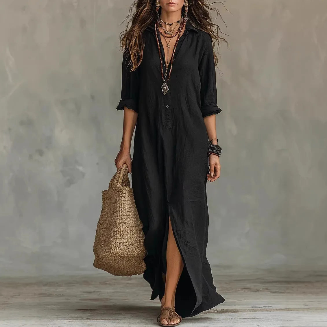 Långärmad maxiklänning med knappar för dam-Maxi Dress-Fjallbarn