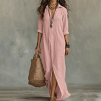 Långärmad maxiklänning med knappar för dam-Maxi Dress-Fjallbarn
