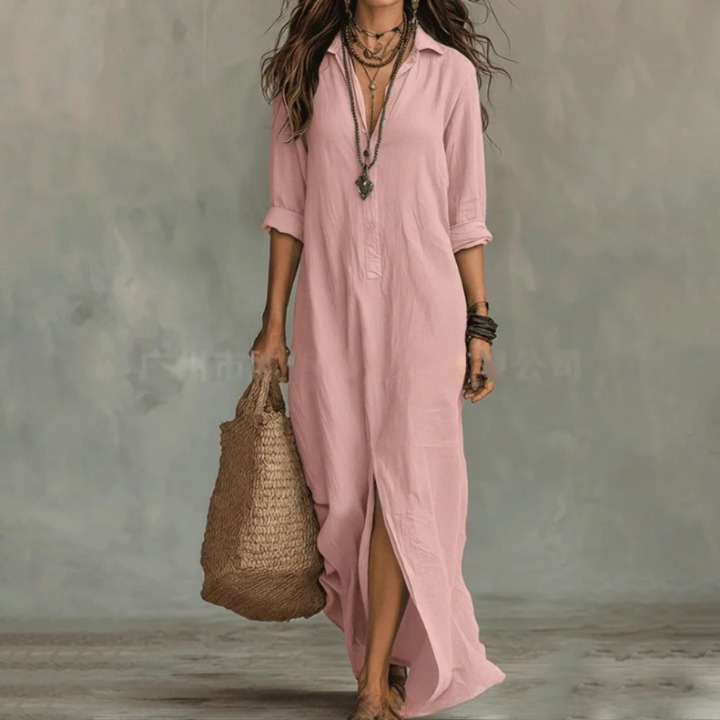 Långärmad maxiklänning med knappar för dam-Maxi Dress-Fjallbarn