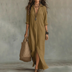 Långärmad maxiklänning med knappar för dam-Maxi Dress-Fjallbarn
