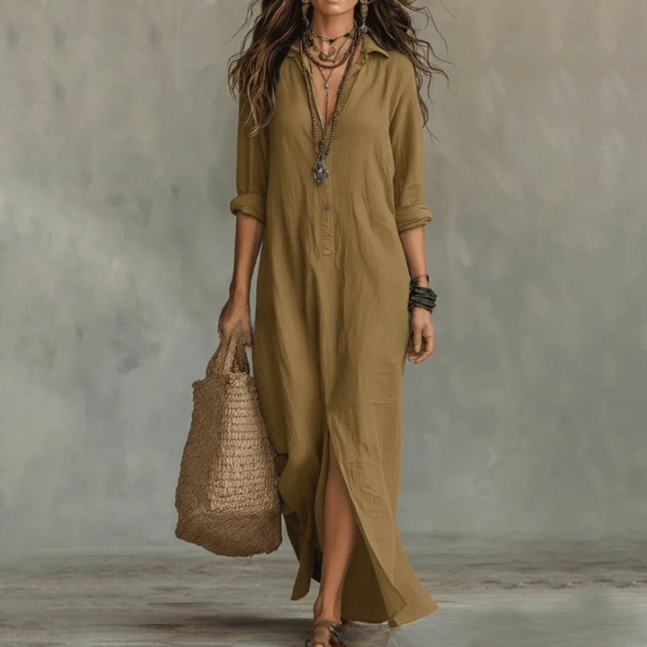 Långärmad maxiklänning med knappar för dam-Maxi Dress-Fjallbarn