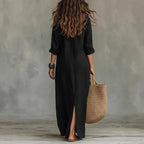 Långärmad maxiklänning med knappar för dam-Maxi Dress-Fjallbarn