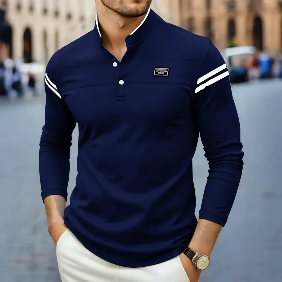Långärmad pikétröja med mandarinkrage för herrar-T-Shirts & Polos for men-Fjallbarn