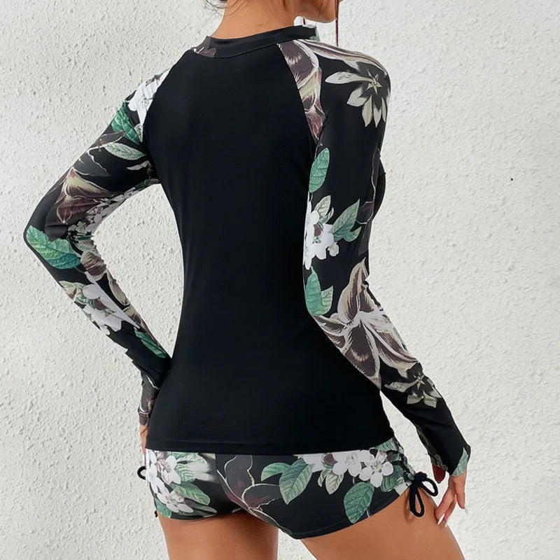 Långärmad rashguard-baddräkt med blommor och dragkedja fram för dam-Swimwear for women-Fjallbarn