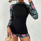 Långärmad rashguard-baddräkt med blommor och dragkedja fram för dam-Swimwear for women-Fjallbarn