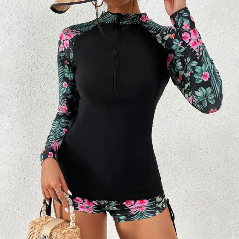 Långärmad rashguard-baddräkt med blommor och dragkedja fram för dam-Swimwear for women-Fjallbarn