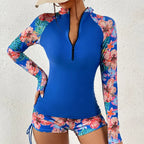 Långärmad rashguard-baddräkt med blommor och dragkedja fram för dam-Swimwear for women-Fjallbarn