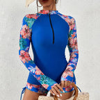 Långärmad rashguard-baddräkt med blommor och dragkedja fram för dam-Swimwear for women-Fjallbarn