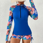 Långärmad rashguard-baddräkt med blommor och dragkedja fram för dam-Swimwear for women-Fjallbarn