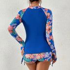Långärmad rashguard-baddräkt med blommor och dragkedja fram för dam-Swimwear for women-Fjallbarn