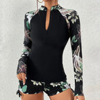 Långärmad rashguard-baddräkt med blommor och dragkedja fram för dam-Swimwear for women-Fjallbarn