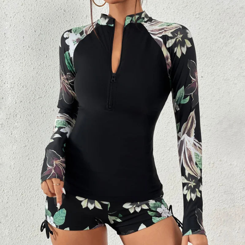 Långärmad rashguard-baddräkt med blommor och dragkedja fram för dam-Swimwear for women-Fjallbarn