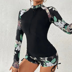 Långärmad rashguard-baddräkt med blommor och dragkedja fram för dam-Swimwear for women-Fjallbarn