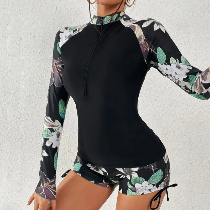 Långärmad rashguard-baddräkt med blommor och dragkedja fram för dam-Swimwear for women-Fjallbarn