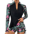 Långärmad rashguard-baddräkt med blommor och dragkedja fram för dam-Swimwear for women-Fjallbarn