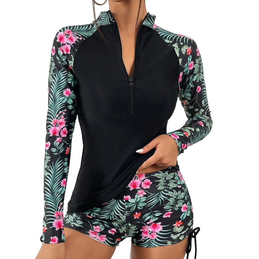 Långärmad rashguard-baddräkt med blommor och dragkedja fram för dam-Swimwear for women-Fjallbarn