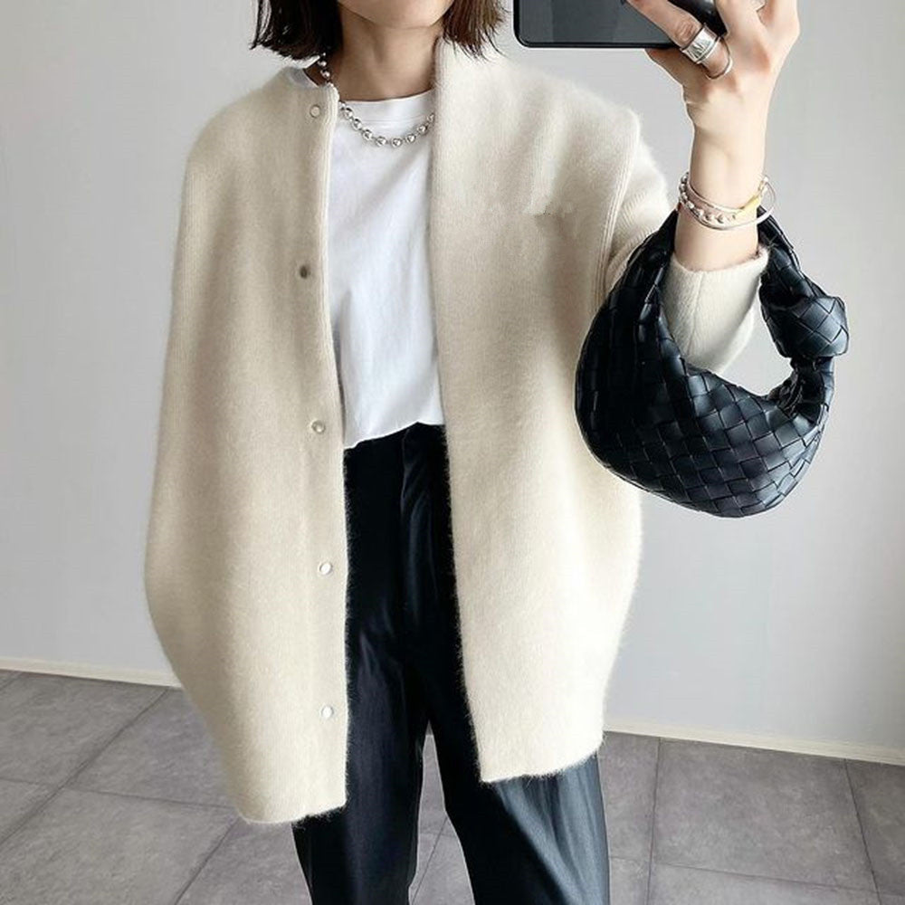 Långstickad kofta för dam med tryckknappar-Cardigan for women-Fjallbarn