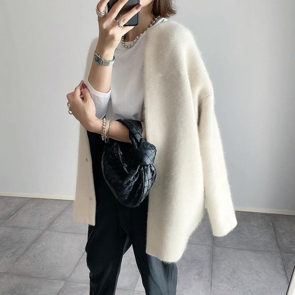 Långstickad kofta för dam med tryckknappar-Cardigan for women-Fjallbarn
