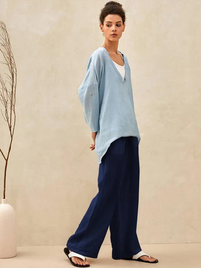 Linnebyxor med vida ben och dragsko för dam-Pants for Women-Fjallbarn
