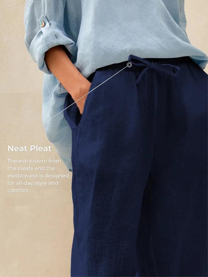 Linnebyxor med vida ben och dragsko för dam-Pants for Women-Fjallbarn