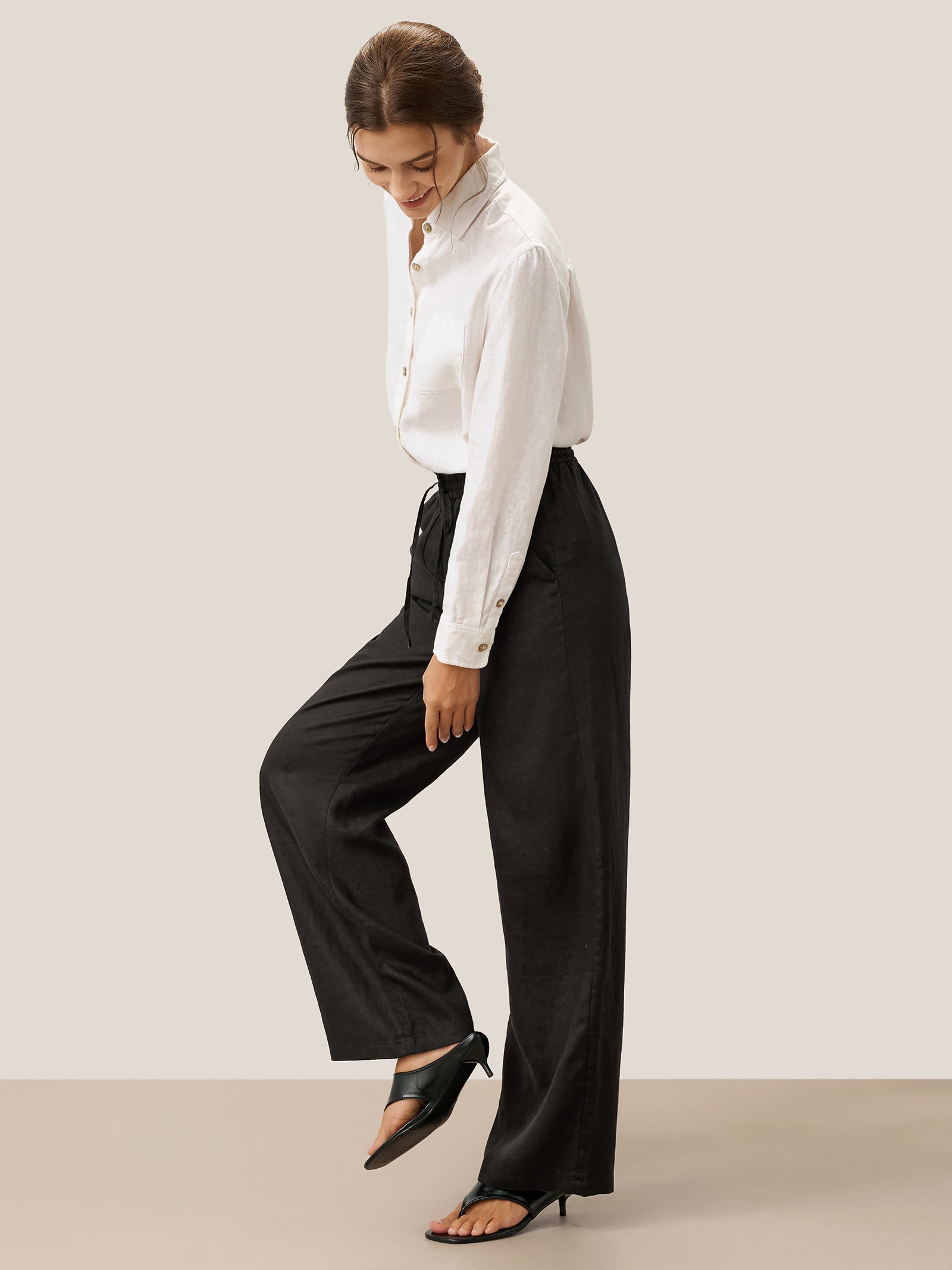 Linnebyxor med vida ben och dragsko för dam-Pants for Women-Fjallbarn