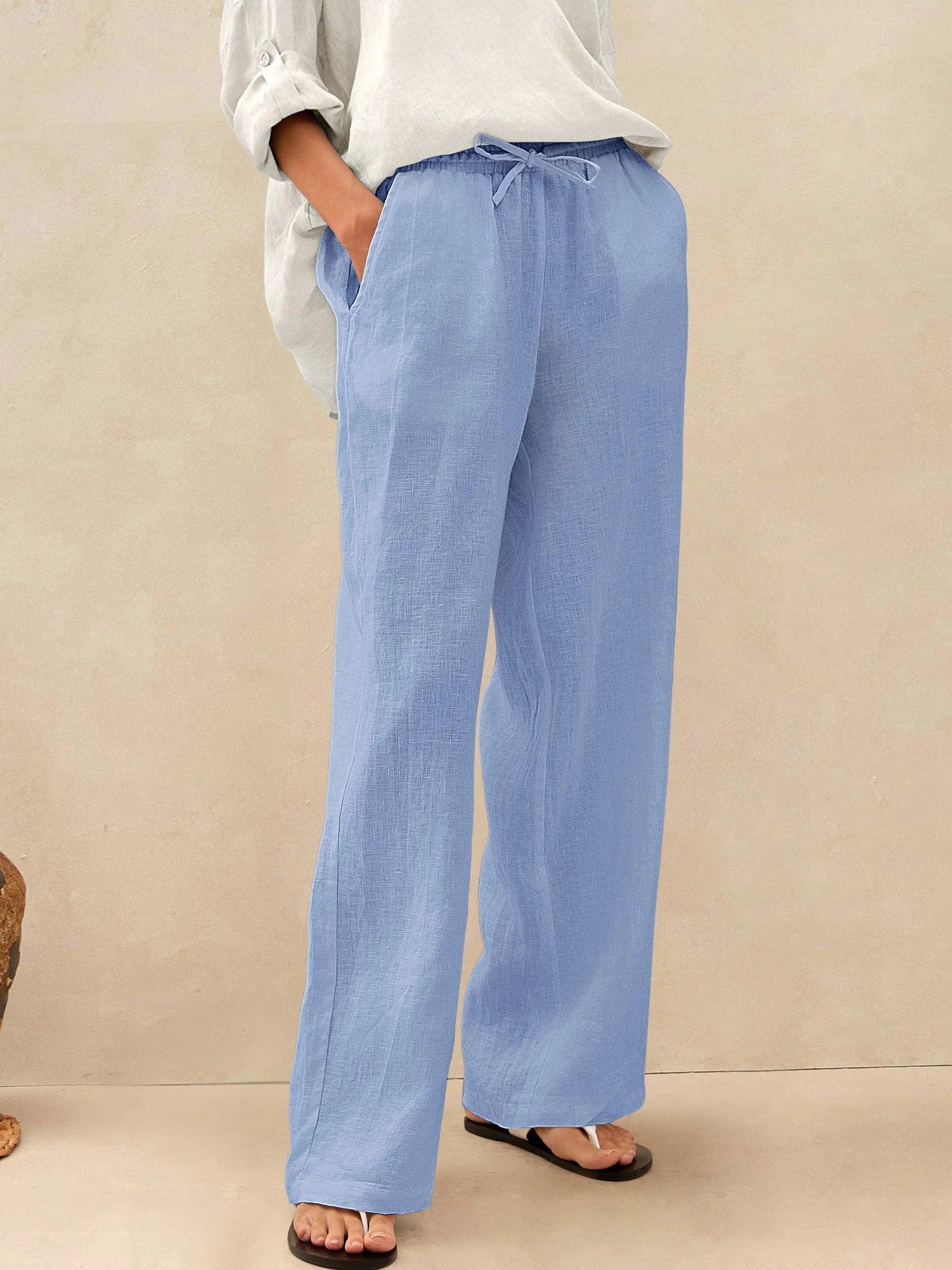 Linnebyxor med vida ben och dragsko för dam-Pants for Women-Fjallbarn