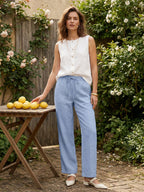 Linnebyxor med vida ben och dragsko för dam-Pants for Women-Fjallbarn