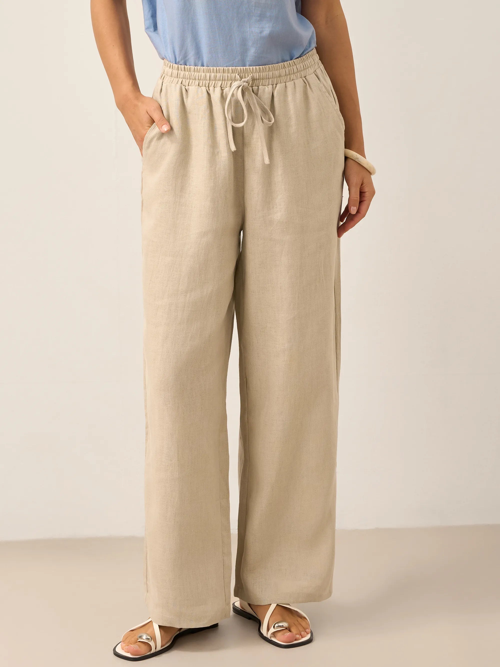Linnebyxor med vida ben och dragsko för dam-Pants for Women-Fjallbarn
