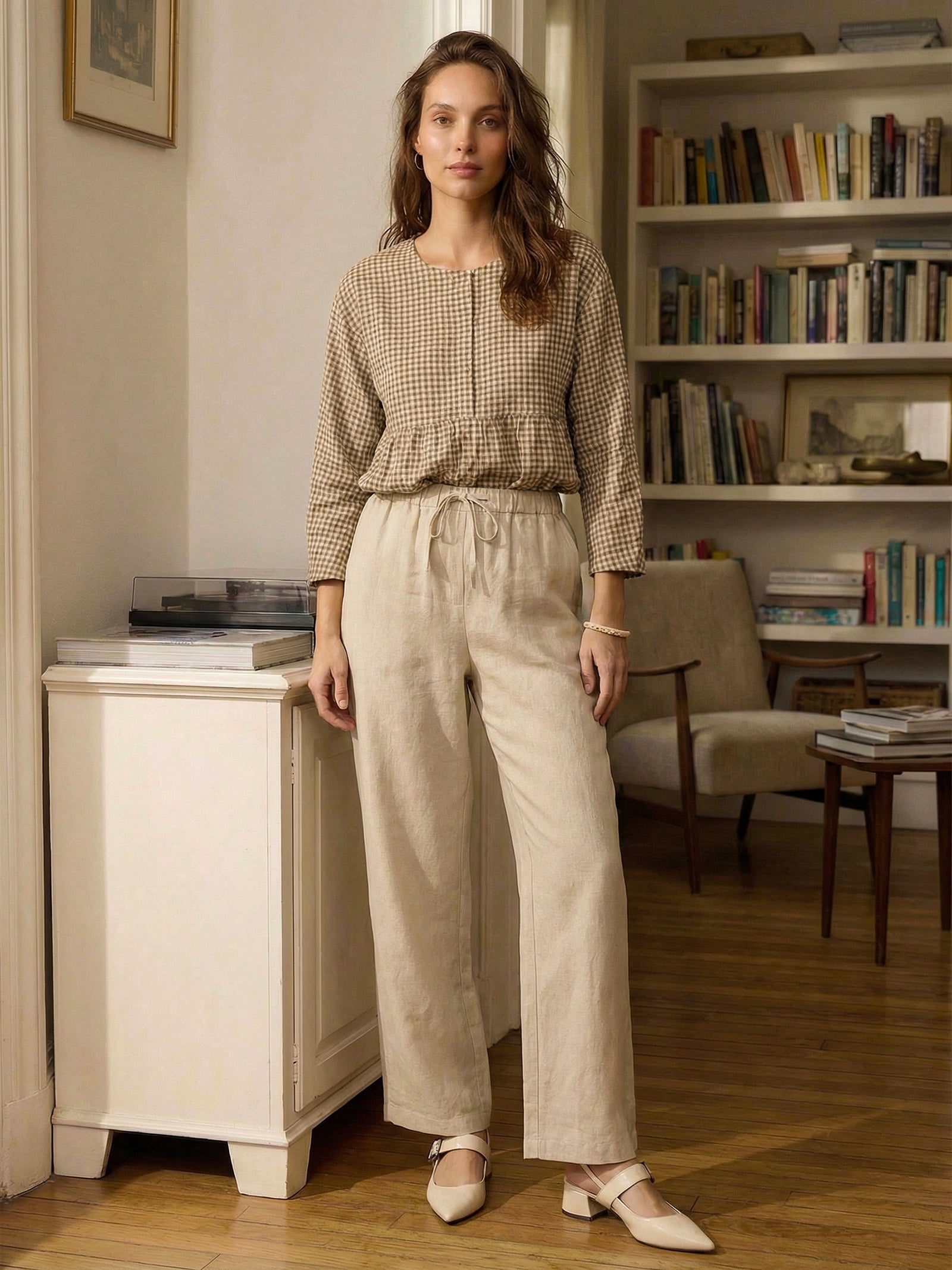 Linnebyxor med vida ben och dragsko för dam-Pants for Women-Fjallbarn