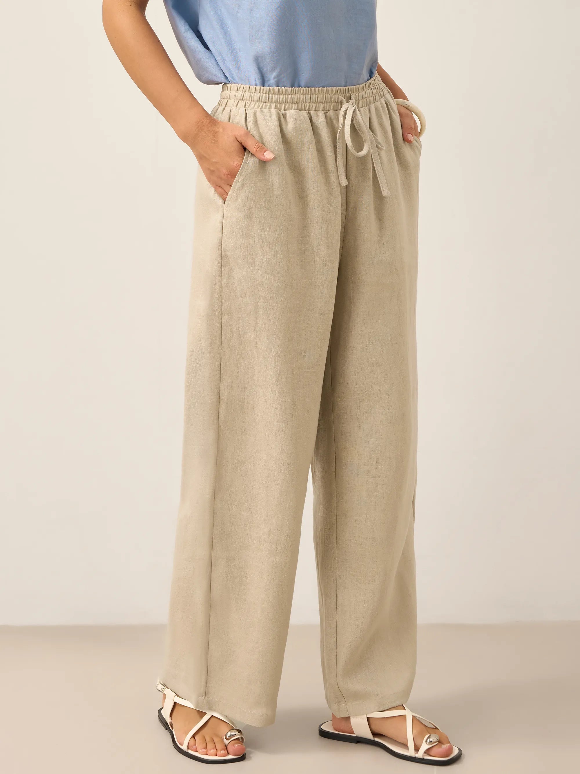 Linnebyxor med vida ben och dragsko för dam-Pants for Women-Fjallbarn