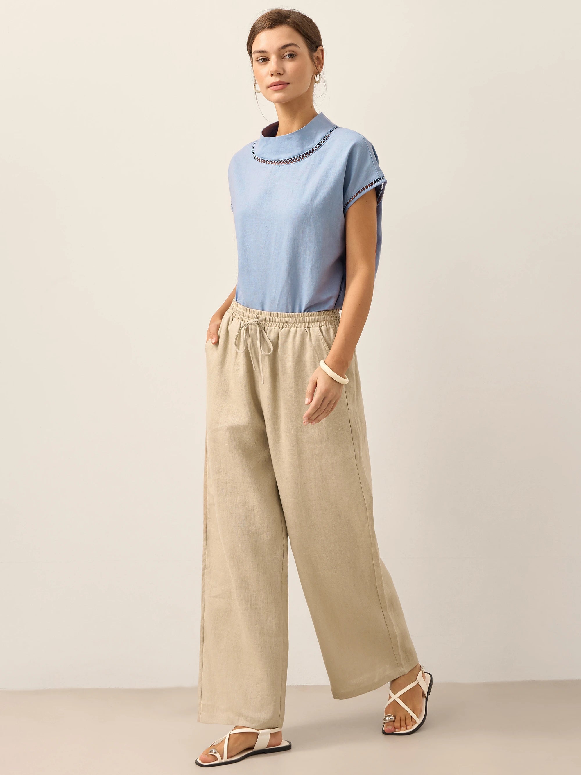 Linnebyxor med vida ben och dragsko för dam-Pants for Women-Fjallbarn