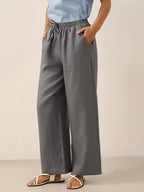 Linnebyxor med vida ben och dragsko för dam-Pants for Women-Fjallbarn