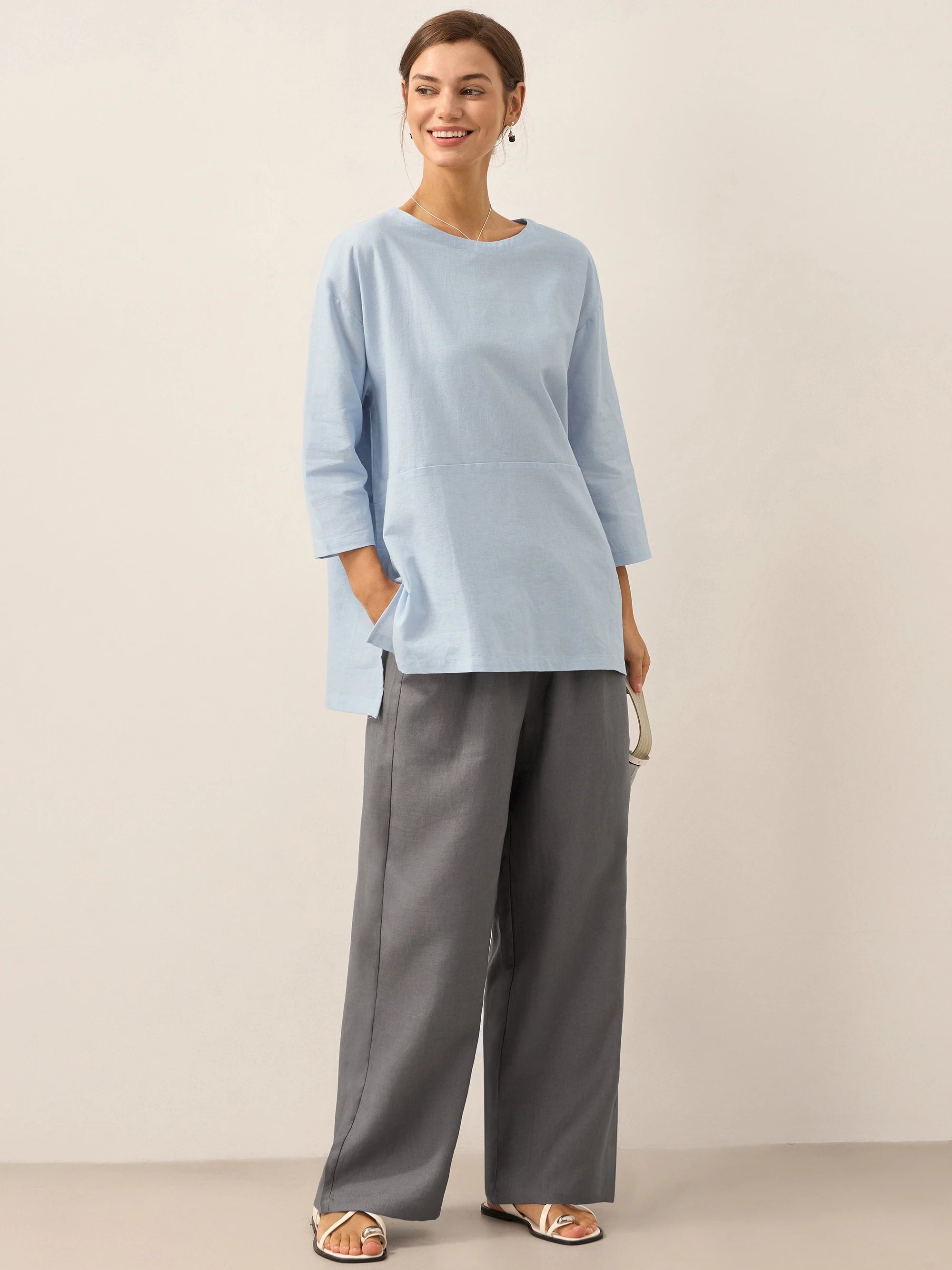 Linnebyxor med vida ben och dragsko för dam-Pants for Women-Fjallbarn
