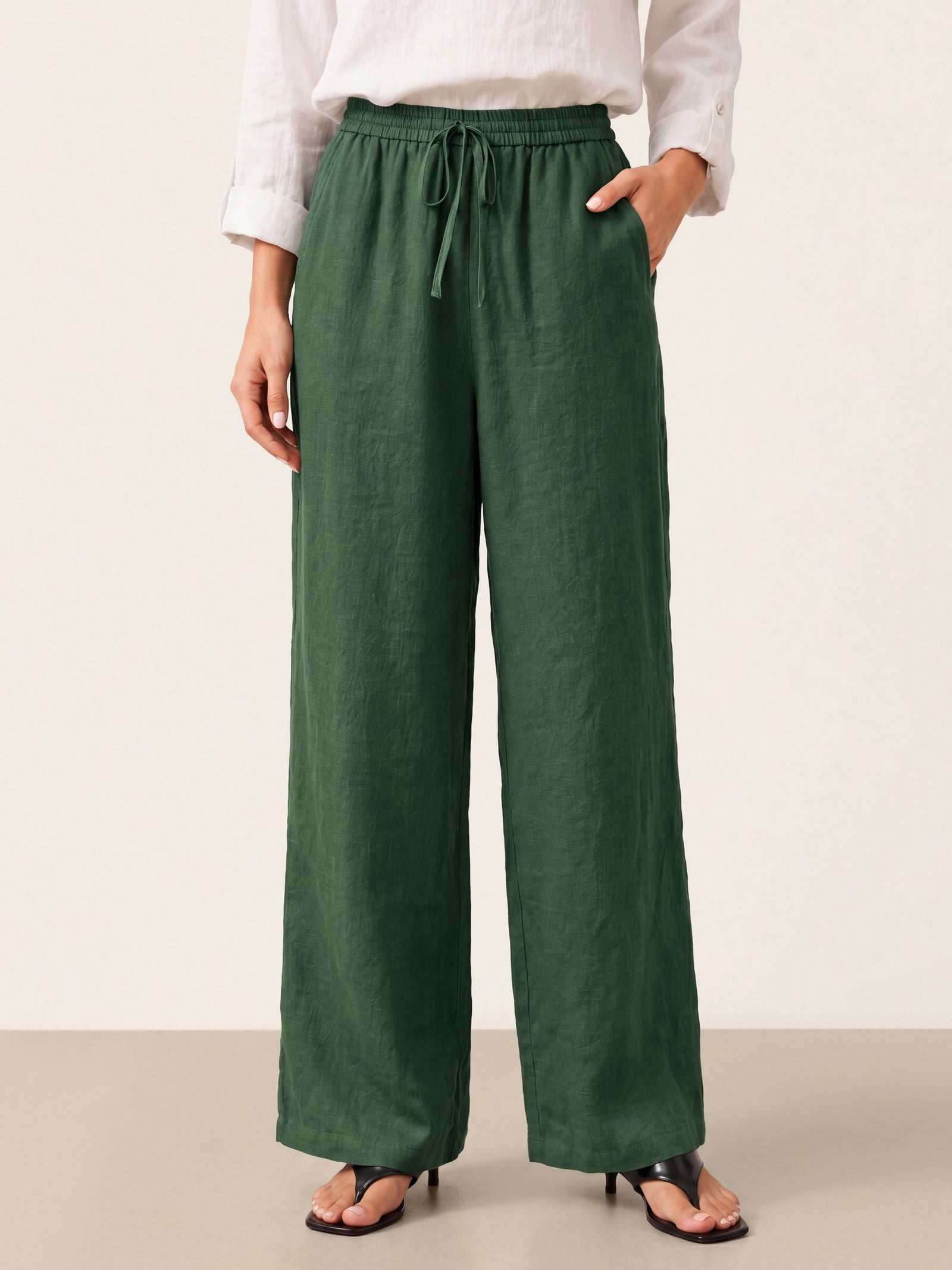 Linnebyxor med vida ben och dragsko för dam-Pants for Women-Fjallbarn