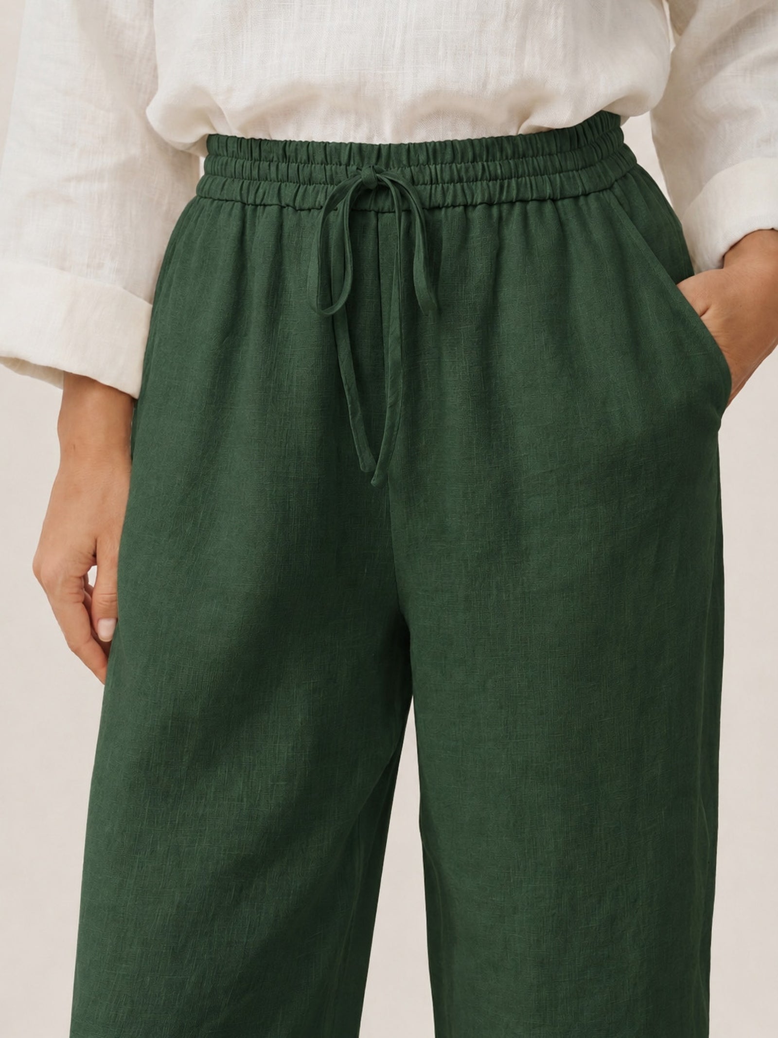 Linnebyxor med vida ben och dragsko för dam-Pants for Women-Fjallbarn