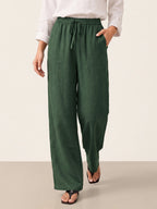 Linnebyxor med vida ben och dragsko för dam-Pants for Women-Fjallbarn