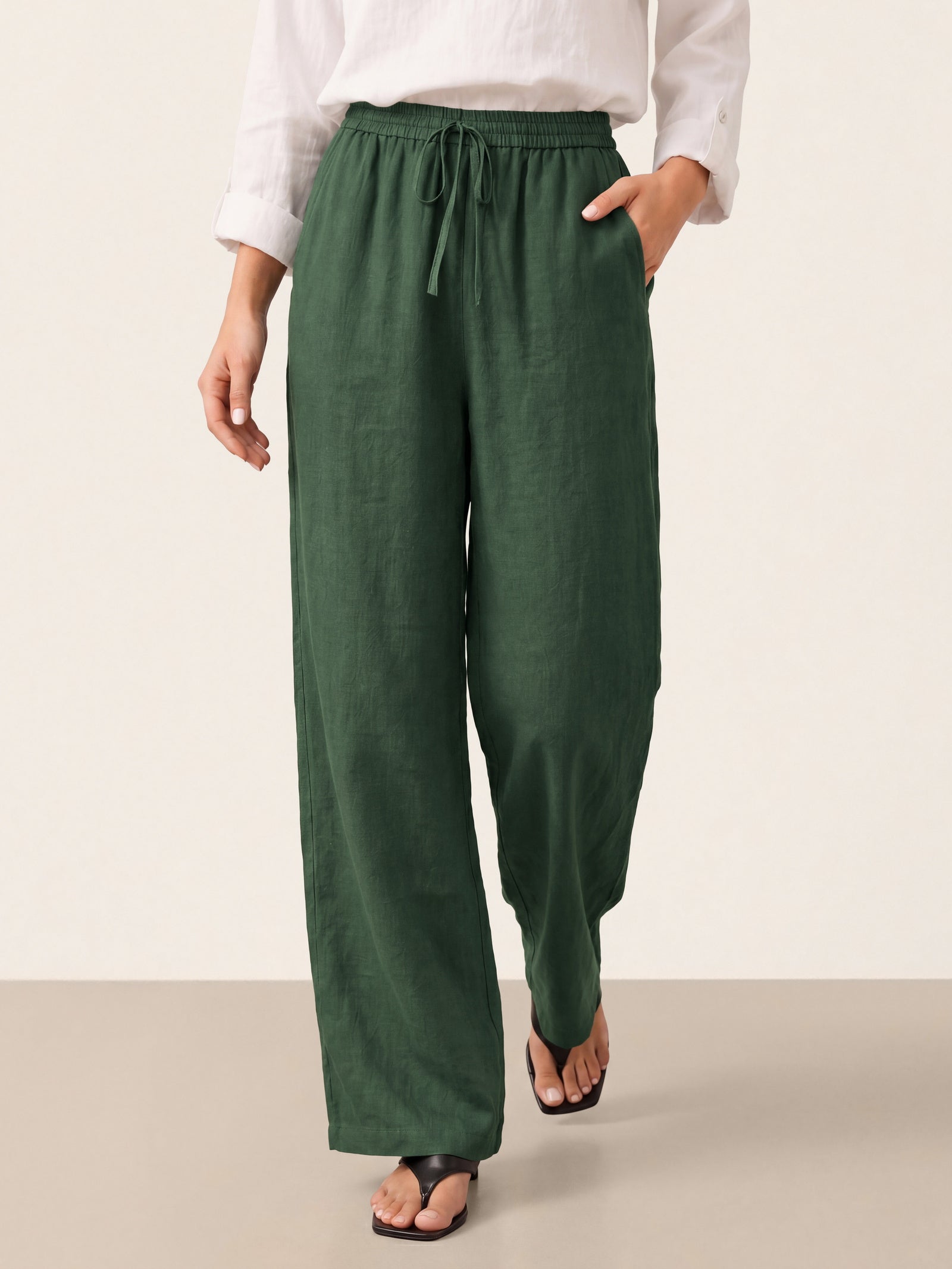 Linnebyxor med vida ben och dragsko för dam-Pants for Women-Fjallbarn
