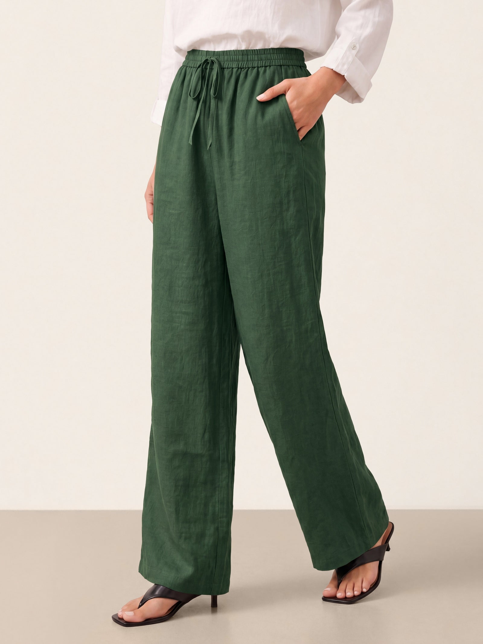 Linnebyxor med vida ben och dragsko för dam-Pants for Women-Fjallbarn