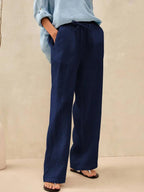 Linnebyxor med vida ben och dragsko för dam-Pants for Women-Fjallbarn