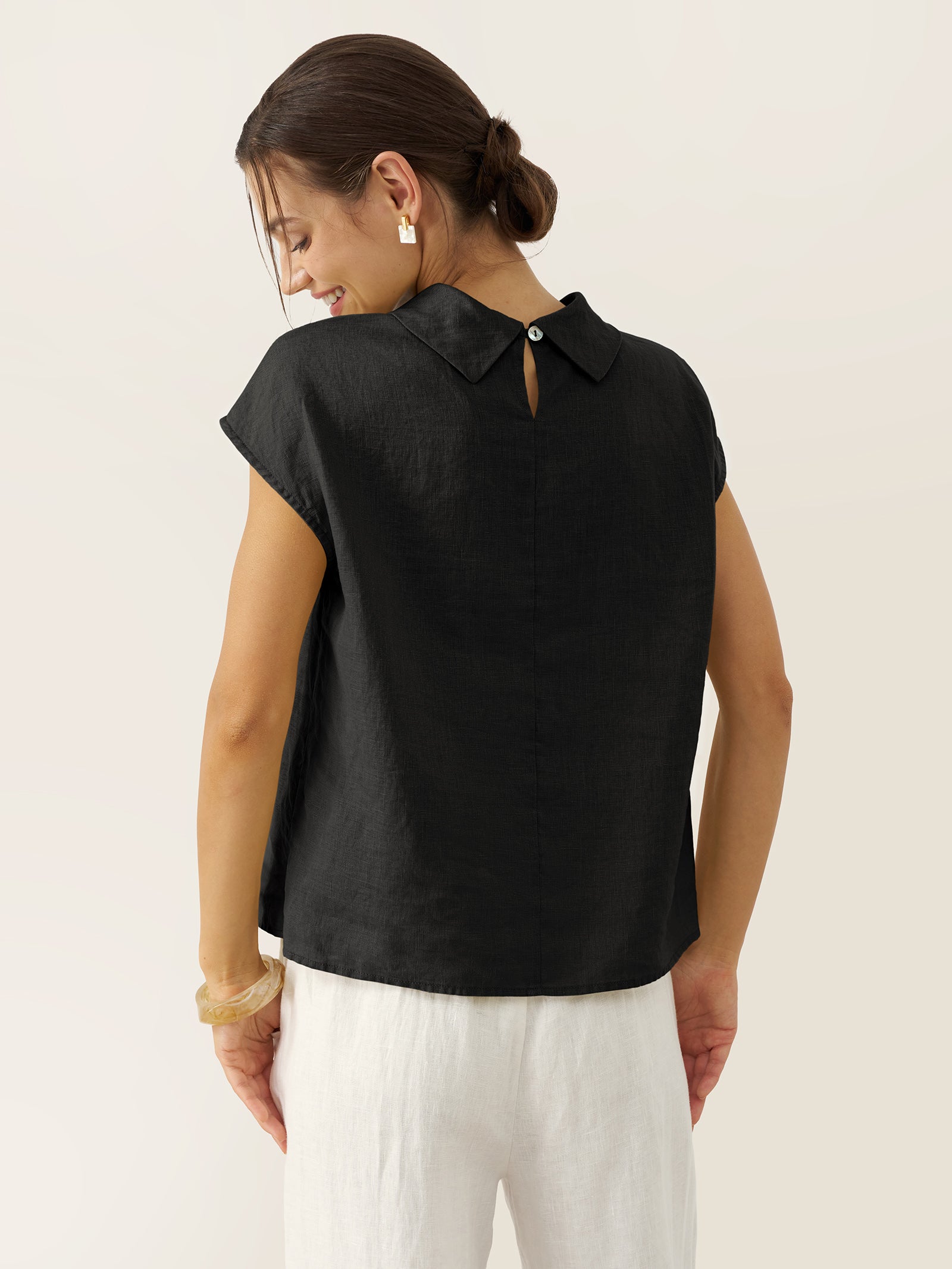 Linnetopp med holkärm och krage för dam-Tops for women-Fjallbarn