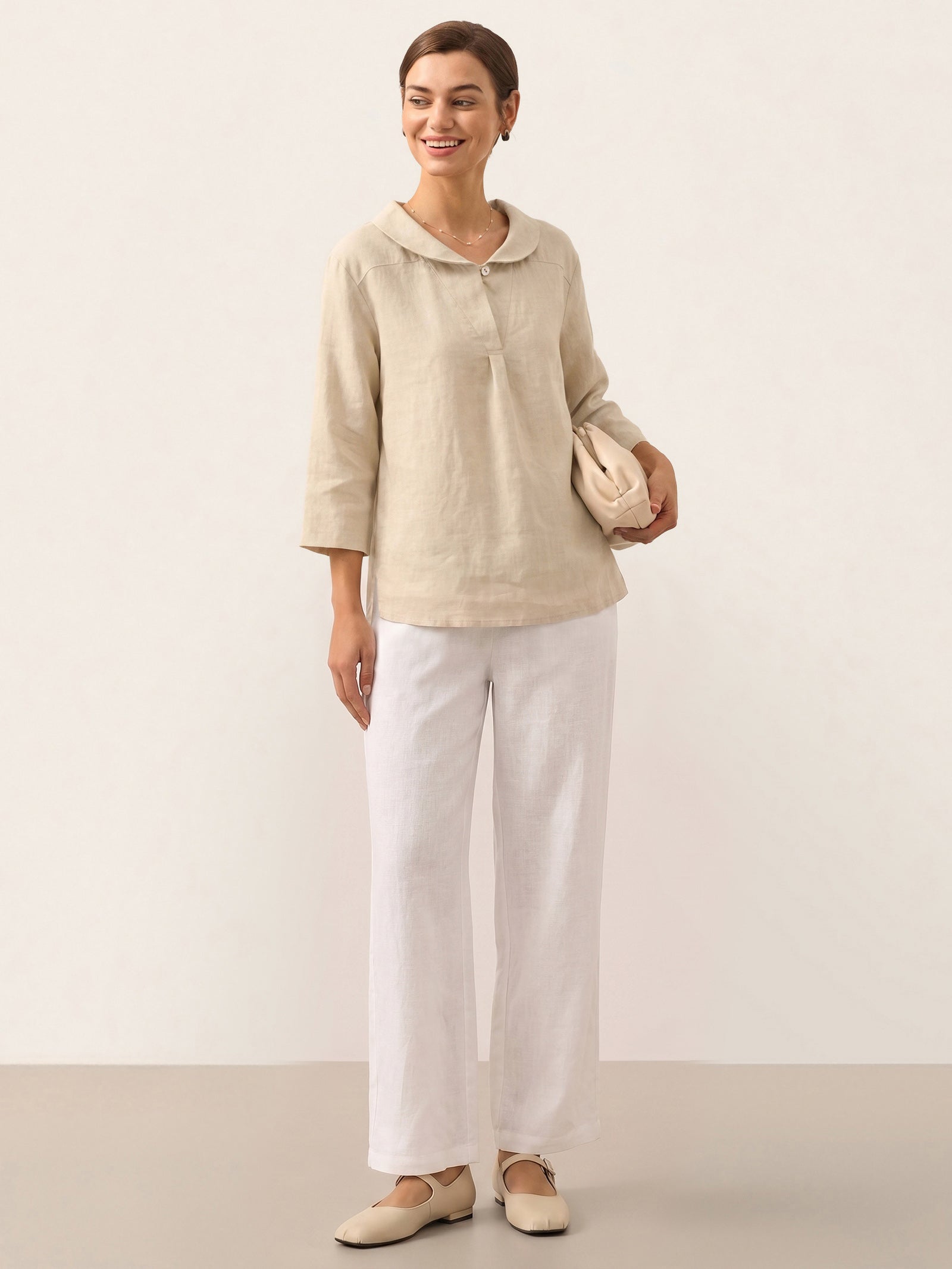 Linnetopp med sjalkrage och V-ringning för dam-Tops for women-Fjallbarn
